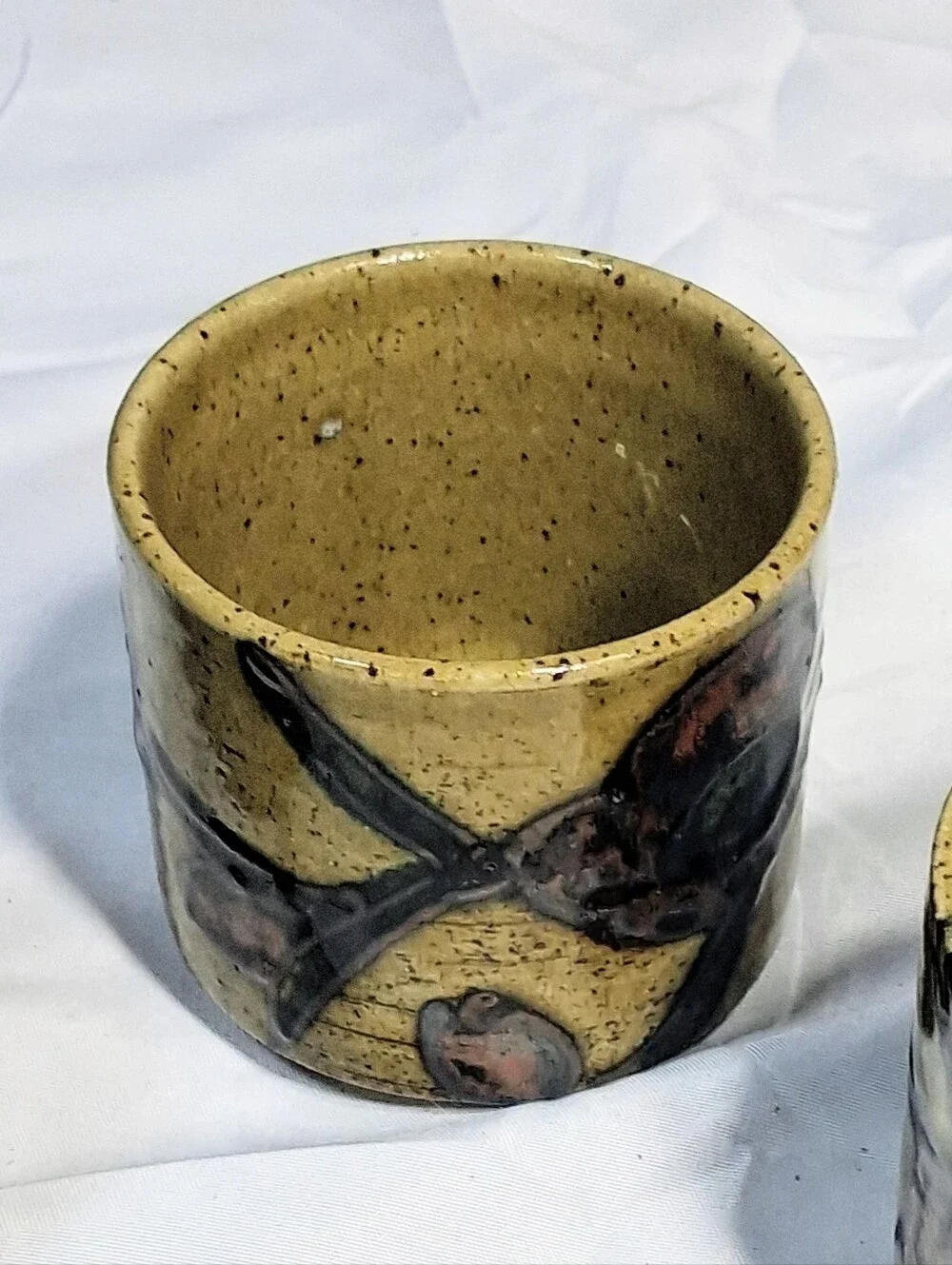 Set Of 3 Japanese Otagiri Sake/Tea/Candle Motives Stoneware Clay Cups 2.5